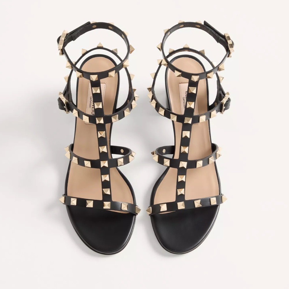 Valentino Black / Gold Rockstud Calfskin Ankle Strap Sandal 60 Mm Size 35